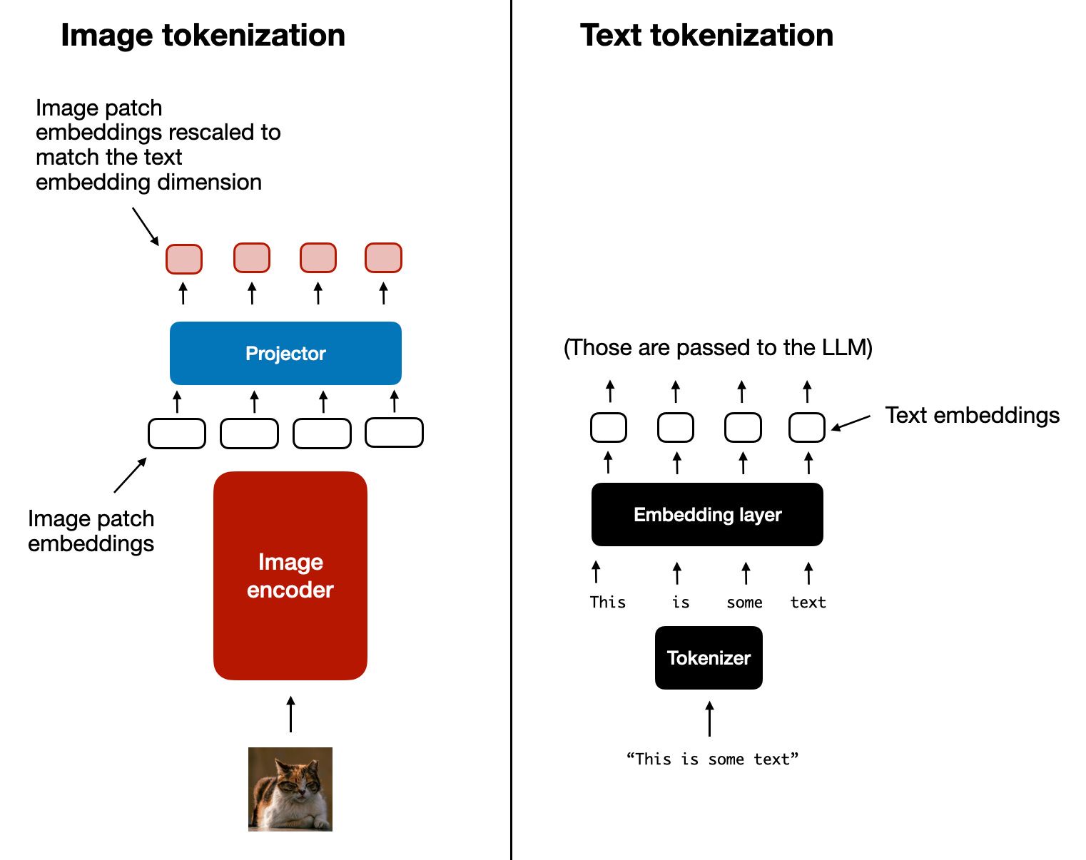 A side-by-side comparison of image tokenization (patching)
and text tokenization.