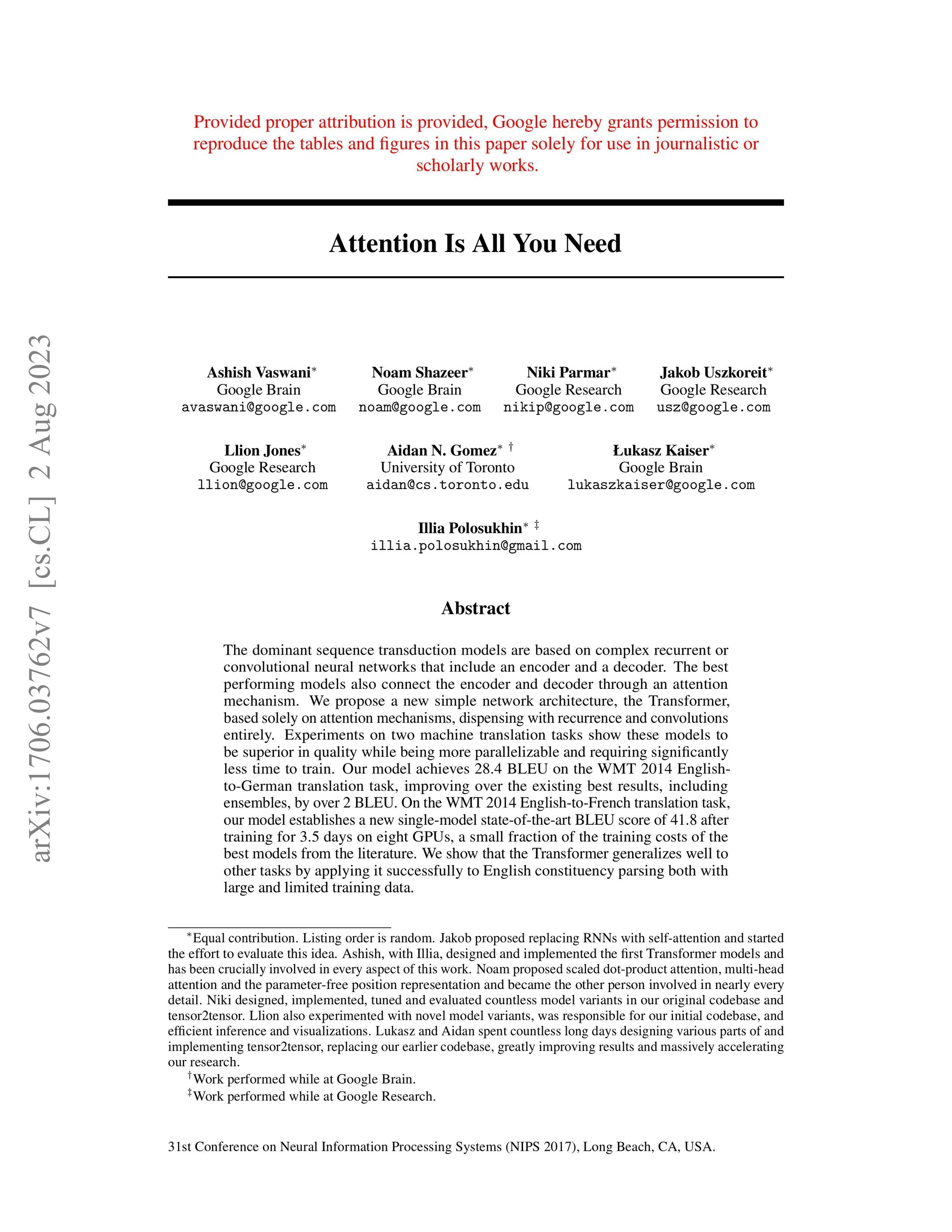 The first page of the "Attention Is All You Need" paper, featuring the title, authors, and abstract.