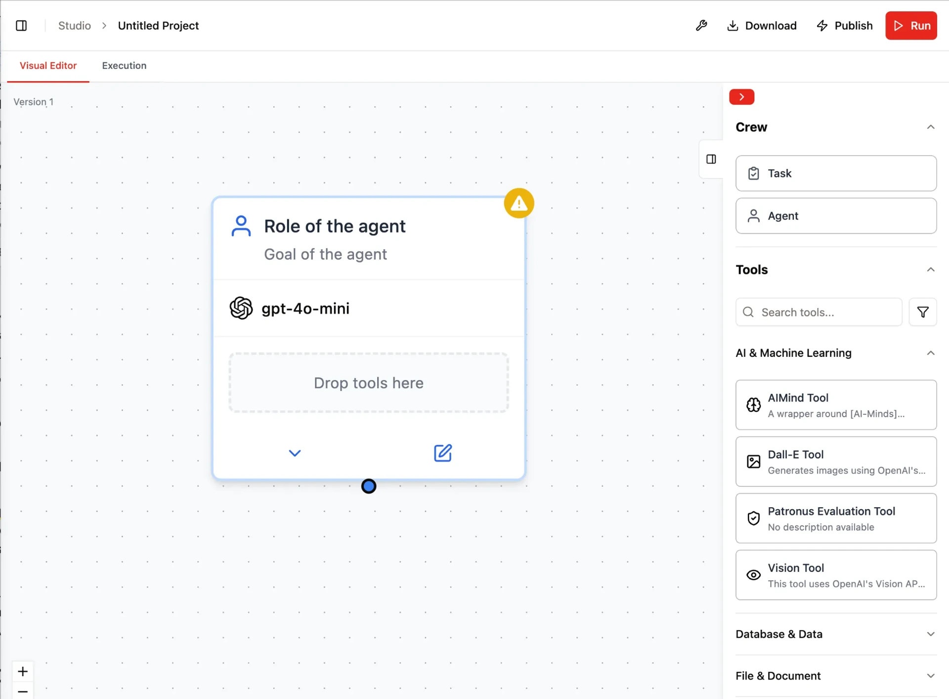 Setting up an autonomous agent in CrewAI Studio using the visual editor. Each agent is assigned a role, goal, and model here, powered by 